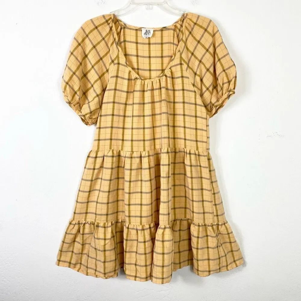 Dra Los Angeles Yellow & Grey Plaid Puff Sleeve Tiered Cottagecore Mini Dress